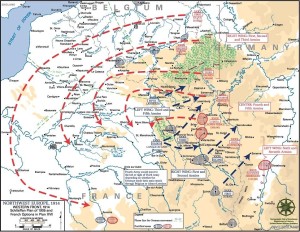 Het Duitse aanvalsplan zoals in gang gezet in 1914. Door een omtrekkende beweging te maken werd het Franse leger aan in Noord Oosten van Frankrijk omsingeld worden. Toen dit mislukte ontstond de loopgraven oorlog, die tot ver in 1918 aan zou houden.